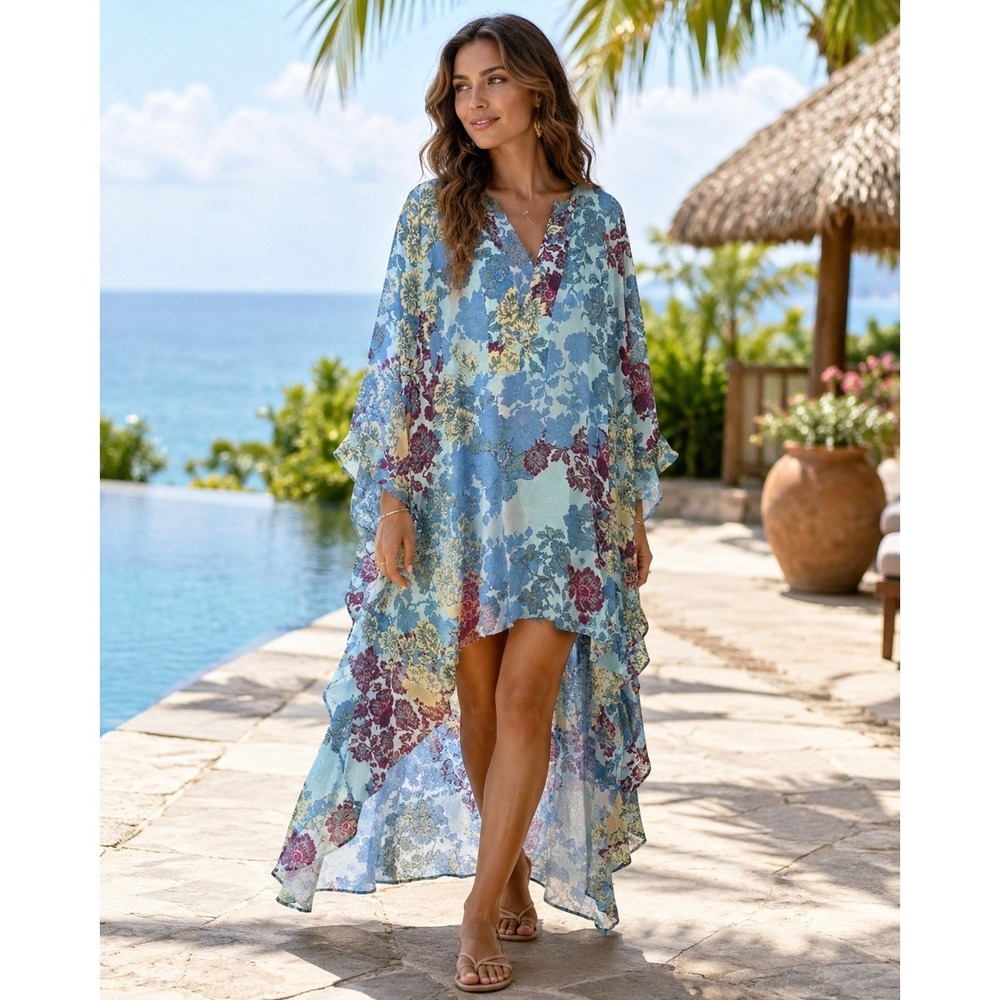 BCBGMAXAZRIA High-Low Kaftan Dress Womens XS/S Blue Floral Resortwear Coastal